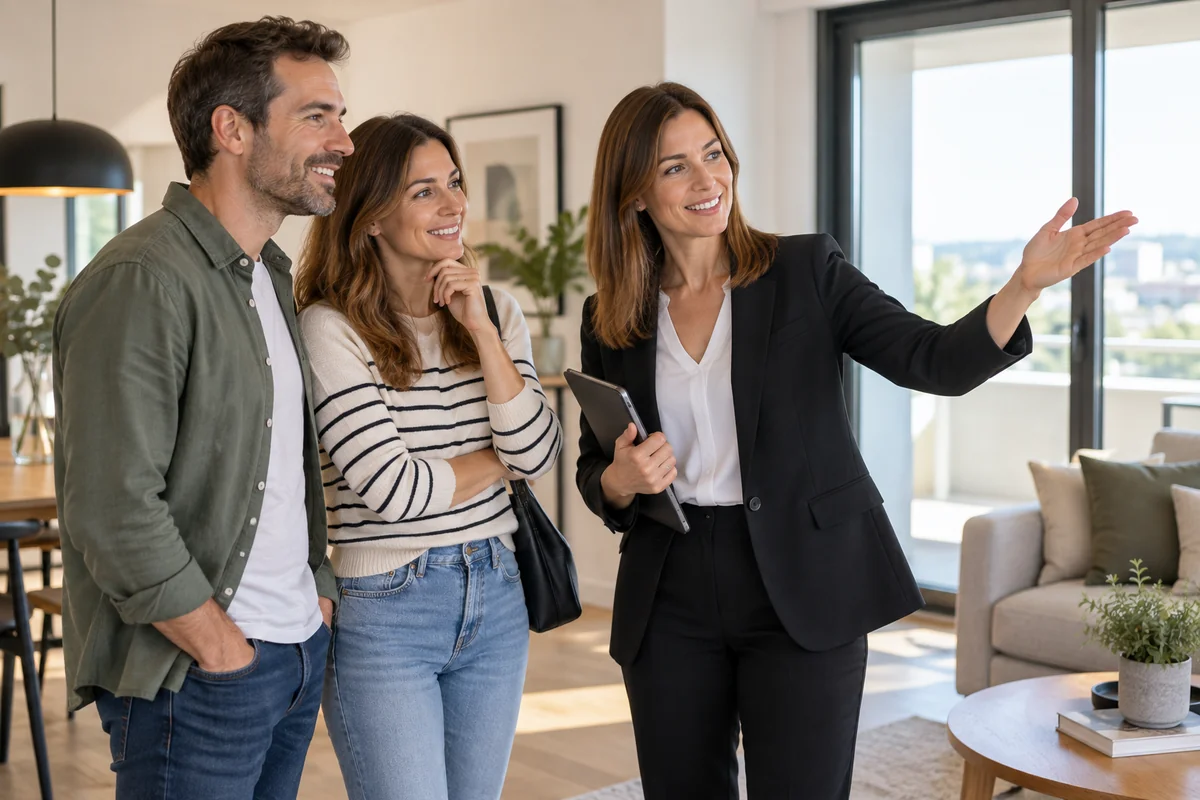 Agente inmobiliaria enseñando una vivienda a una pareja.