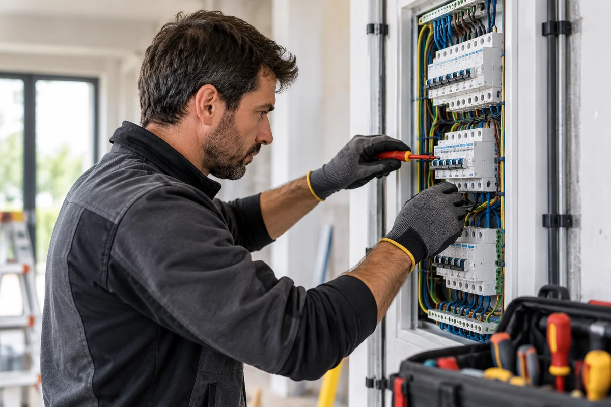 Electricista independiente trabajando en un cuadro eléctrico, sin branding JALVALOB.